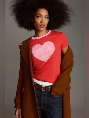 NWT Letluv Anthropologie Heart Ringer Graphic Tee Red Pink Size M
